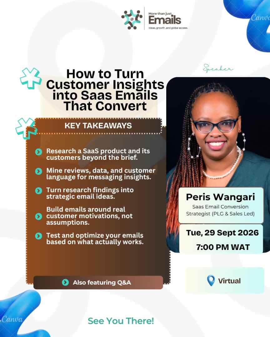How to Turn Customer Insights into SaaS Emails That Convert — with Peris Wangari, Tue 29 Sept 2026, 7PM WAT, virtual